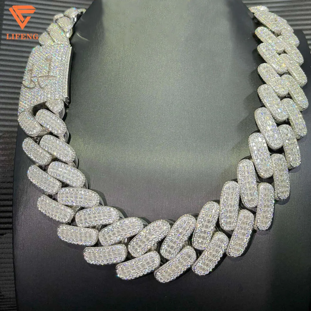 Lifeng Jewelry 30mm幅VVSモイサナイトリンクチェーンバゲットダイヤモンド925スターリングシルバーキューバホワイトゴールドネックレスカスタムチェーン