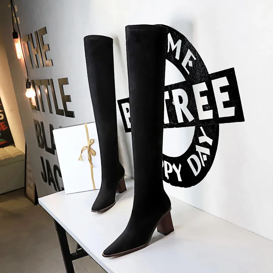 Boots BIGTREE Shoes Women Slimming Long Boots Sexy Over-the-knee Boots Suede High-Heeled Boots Wood Grain Heel Autumn Winter Boots 231212