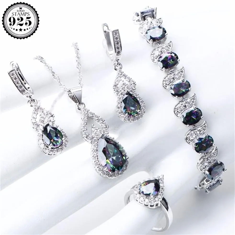 Natural Rainbow Jewelry Sets 925 Sterling Silver Stones Wedding Earrings For Women Bracelet Necklace Rings Set Gifts Box 220818201g