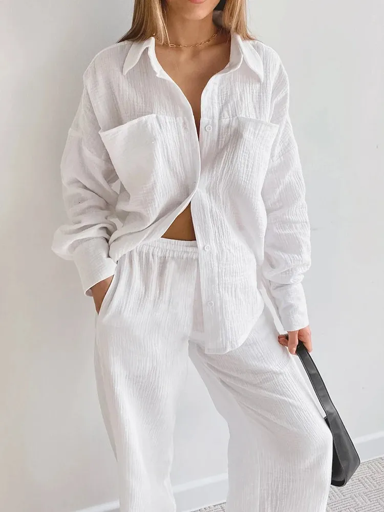 Sexy Pyjamas Hiloc White Cotton Pajamas For Women Nightwear Long Sleeve 2 Piece Sets Female Casual Trouser Suits Solid Winter Sleepwear 231211