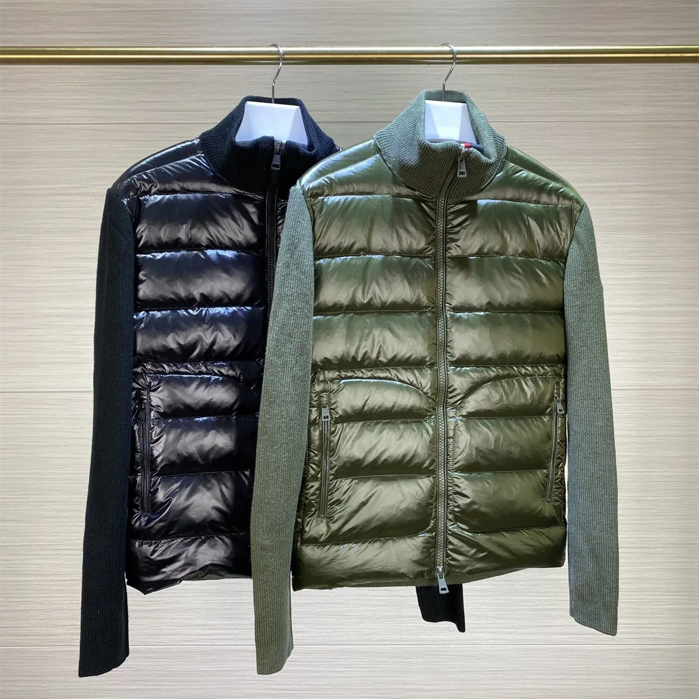 Men Stand Collar Designer Down Coat wool knitting splicing Jacket Thin Slim Parkas Green Black Color