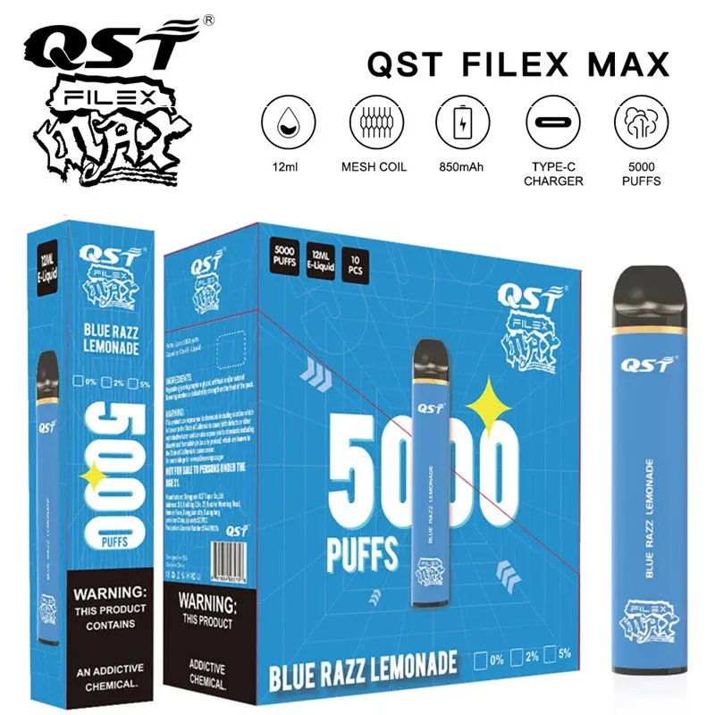 QST FILEX MAX 5000 PULDS PORTABLE DESIGN UPGRADED VERSION DISPOBLE 12 ML Prefilled Mesh Core 850mAh Uppladdningsbar uppgraderad version Vapor Device