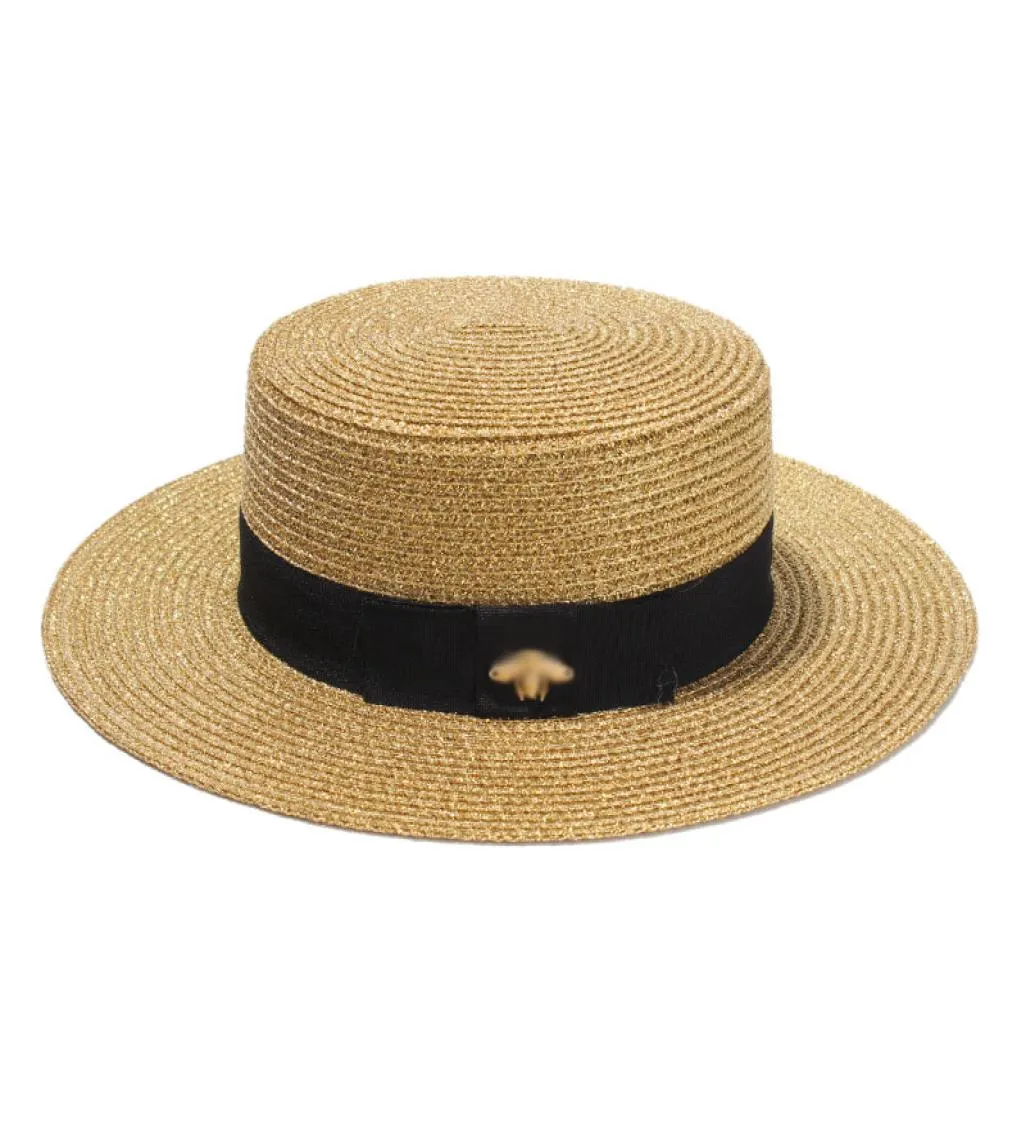 Ladies Summer Fedora Hat Small Bee Straw Hats European och American Retro Gold Flätad Cap Female Sunshade Flat Beach Caps4307140