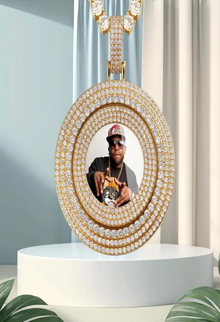 Nouveau Big Spin rond personnalisé image mémoire médaillons solide pendentif collier glace plein de cristal hommes Hip Hop personnaliser cadeau C4924163