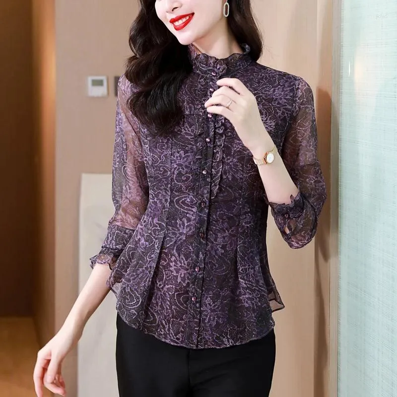 Womens Blouses Women Clothing Solid Purple Lace Shirts Spring Loose Vintage Jacquard French Fahsion Blouse Female Mature Elegant Tops