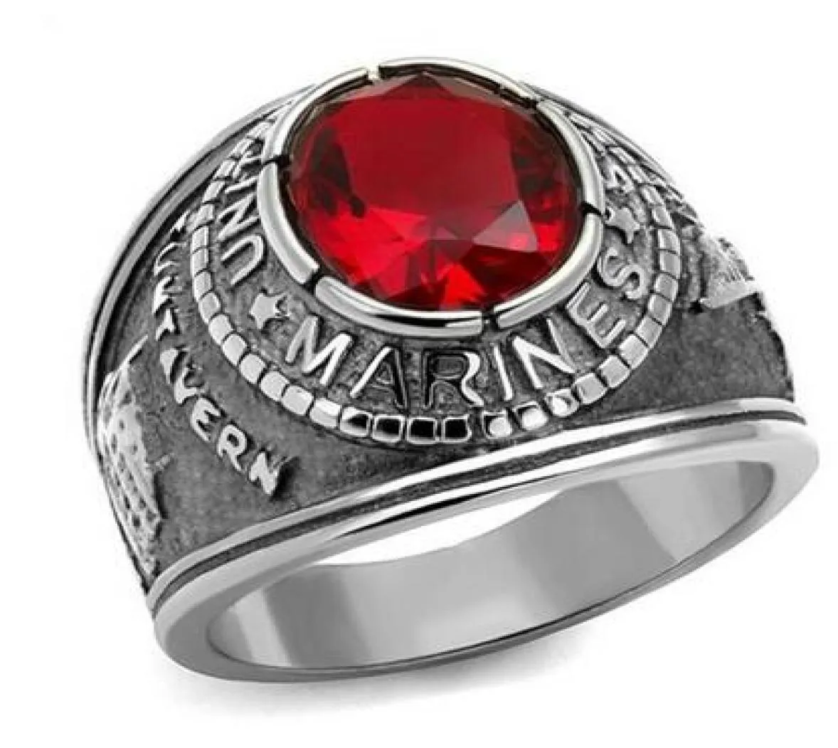 American Military Marines Ring Men Unisex Nowy projekt Goldcolor Siam Red Color Main Stone Stael Stael Fashion Men Ring2509970