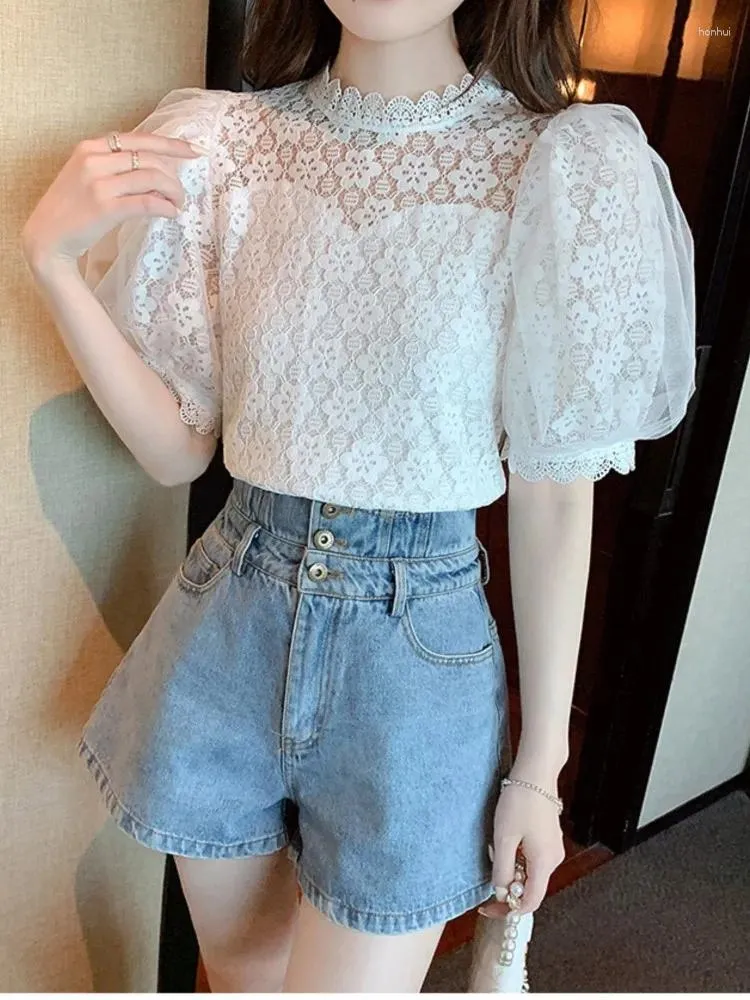 Women's Blouses Elegant Shirts For Women White Sweet Lace Chic Puff Short Sleeve Blouse 2024 Summer Fashion Korean Casual O-neck Shirt