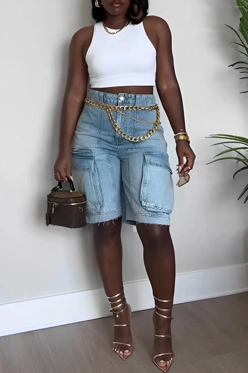 Shorts Femmes LEDP 2023 Liste Haut de gamme Solid Safari Style Denim Salopette gratuite Poche Mode Pantalon court Taille haute Femme Longueur au genou