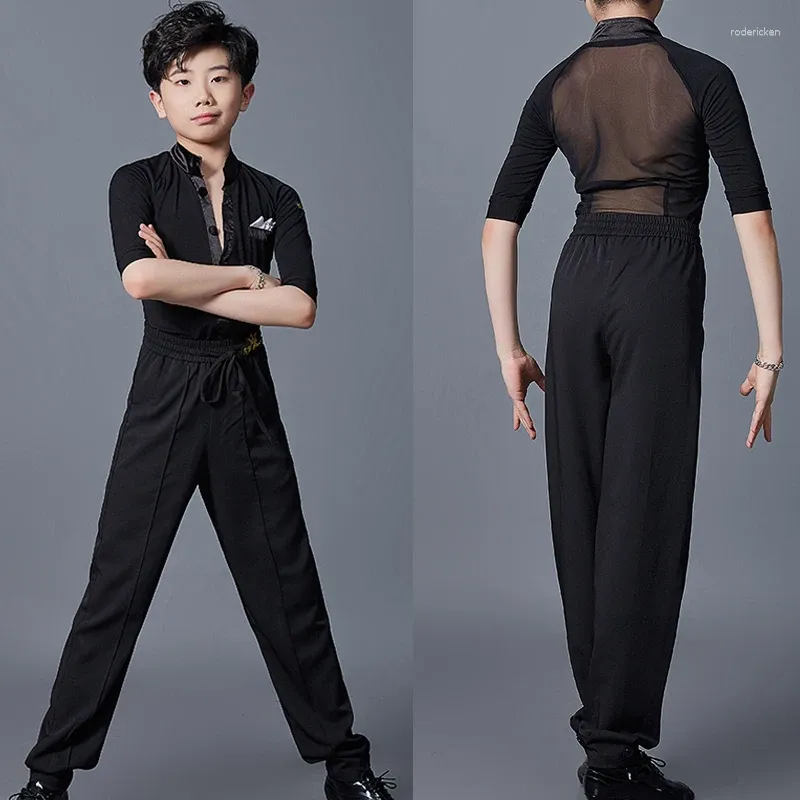 Abbigliamento da palco Abiti da ballo moderni per bambini per ragazzi Camicia nera Pantaloni da pratica Abiti per bambini Costume da ballo latino per spettacoli SL6597