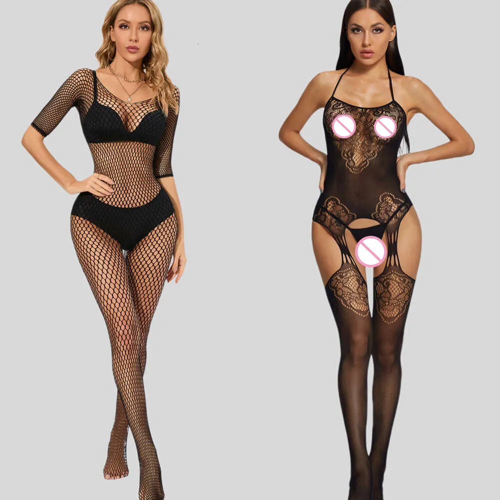 Kadınlar Seksi Tulum Yüksek Fishnet Naylon Açık Kasık Bodytocking Lingerie Out Kostümler Pamas iç çamaşırı Catsuits Set Sexy