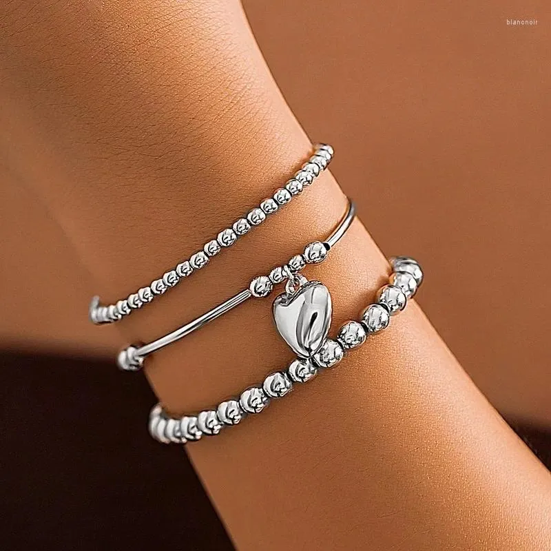 Link Armbanden Zilver Kleur Multilayer Handgemaakte Kralen Metalen Armband Voor Vrouwen Meisjes Mode Eenvoudige Hart Hanger Sieraden Geschenken