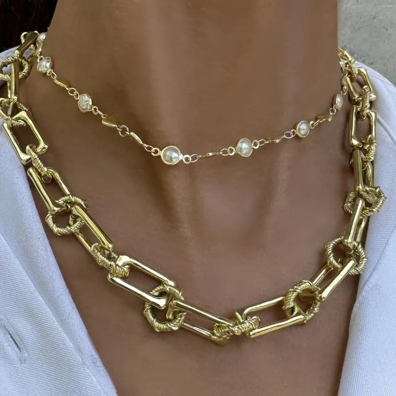 Multi-layer Cuban Link Choker Necklace Golden Copper Metal Chain Statement Jewelry for Women