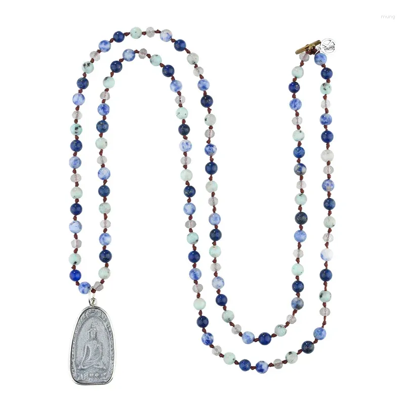 Naszyjniki wiszące Kelitch niebieski kolor Lucky 925 Srebrny Buddha drewniany agat z koralikami długi kryształ