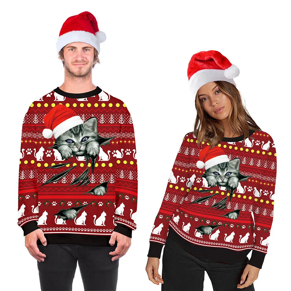 3d Sweatshirts Christmas Cat and New Year Tie-dye Sweat Mens Crewneck Hoodies Plus Size 003