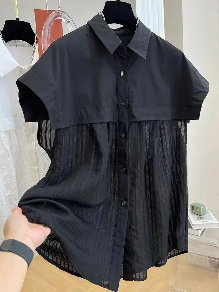 Blouses pour femmes Épaule volante Chemise à manches courtes Hommes Roupas Femininas Blouse Noir Blanc Chemises plissées lâches Blusas Mujer De Moda 2023