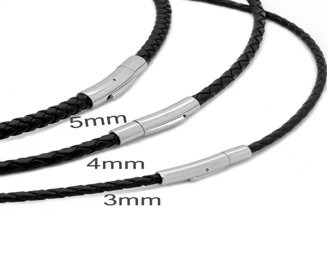 Moge 345mm masculino feminino preto trançado cordão de couro genuíno aço inoxidável fecho seguro colar corrente joia inteira4080036
