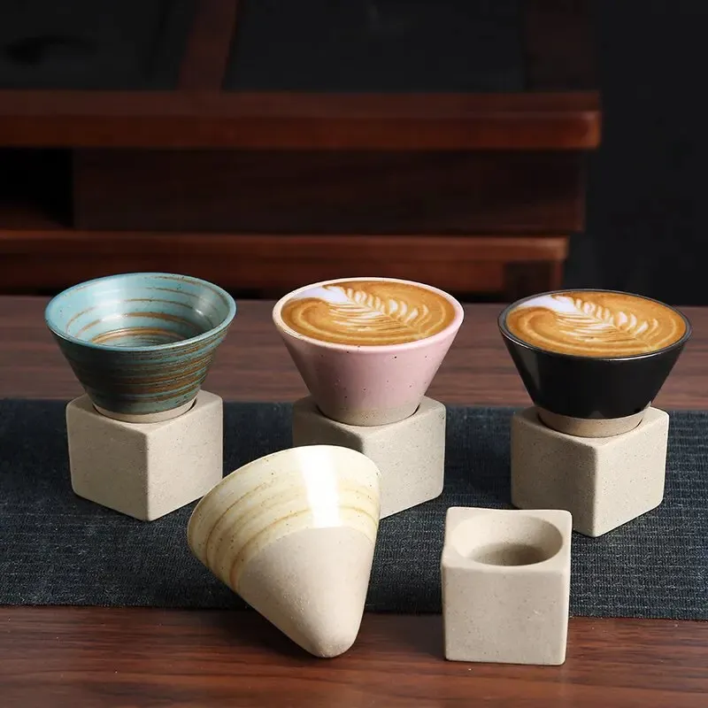Coffeware Sets 100ML Creative Retro Ceramic Coffee Cup Conical Tea Cup Japanese Rough Pottery Ceramic Mug Latte Pull Flower Porcelain Cup 231212