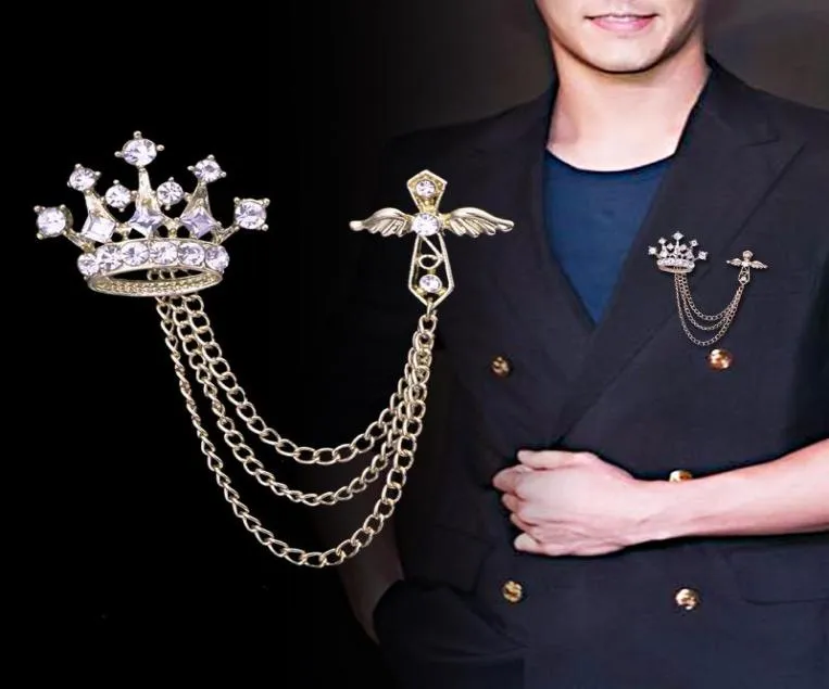 Броши-булавки, Высококачественная брошь в форме короны со стразами, булавка для мужского костюма, булавки для лацкана и значок, пальто, многослойная цепочка с бахромой, воротник Jewelr7878608