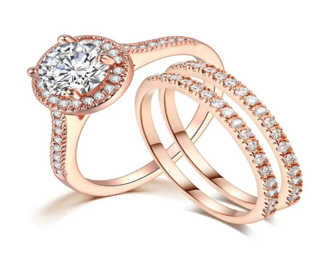Nova moda requintado rosa cor de ouro três peças anéis de dedo de cristal conjunto para mulheres zircão preenchido festa de casamento anel de jóias 20207920102