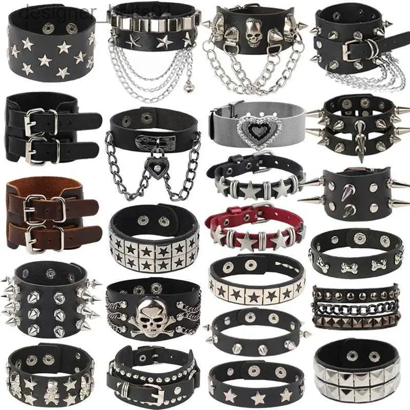 Braccialetti con ciondoli Punk Hip Hop Rock Bracciale in pelle PU Unisex Tren Catena Teschio Pentagramma Rivetto Bracciale Accessori per gioielli da festaL231214