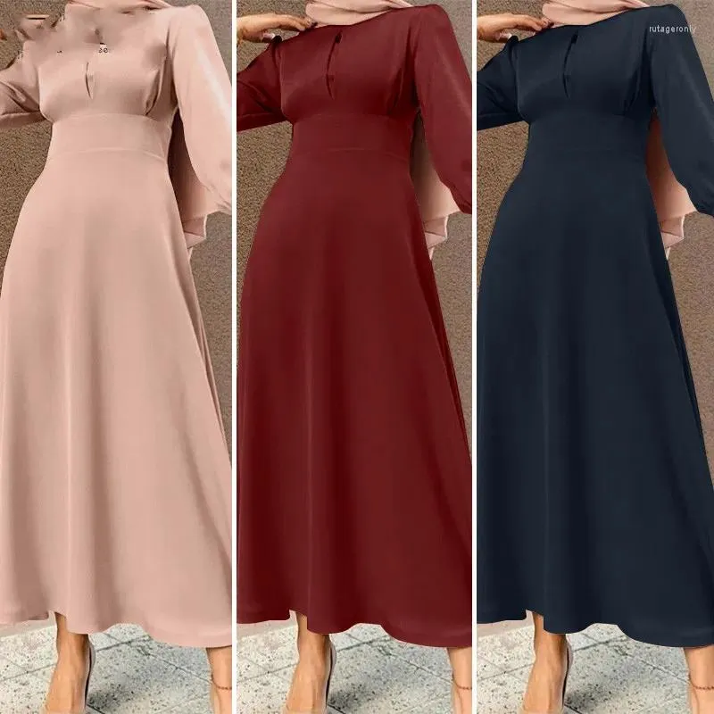 Ethnic Clothing Ramadan Saudi Arabia Solid Muslim Women's Long Sleeve O-neck Button Sun Dress Holiday Elegant Casual Islamic Dubai Robe