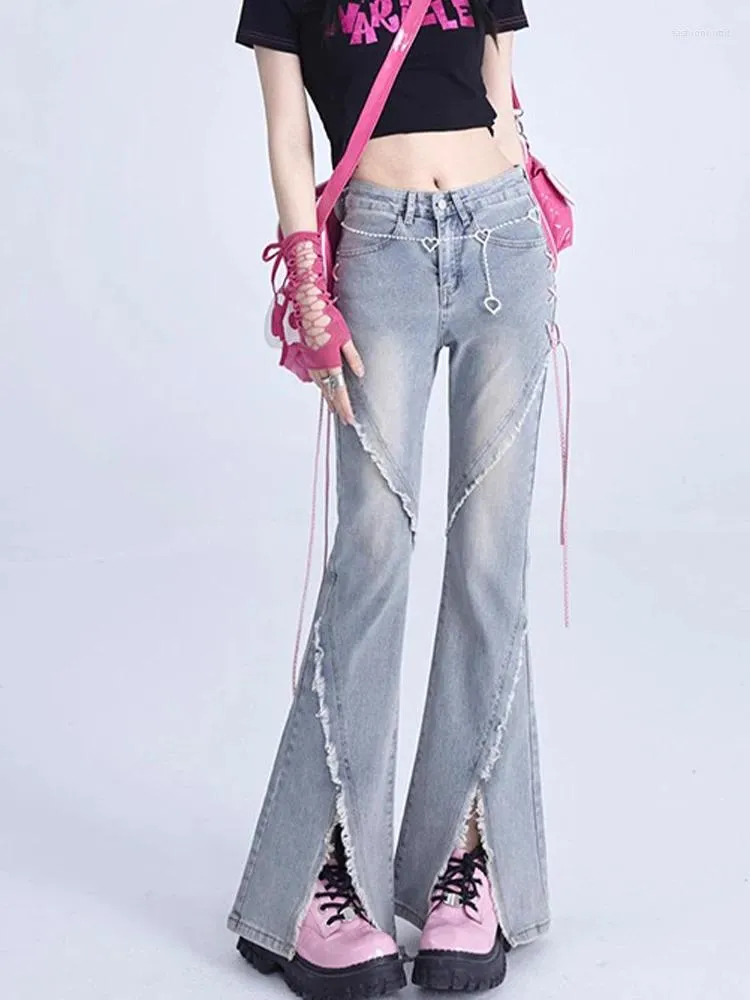 Damesjeans met hoge taille voor dames Koreaanse mode met split, streetwear stijl, taille flare broek, vintage broek dweilen denim