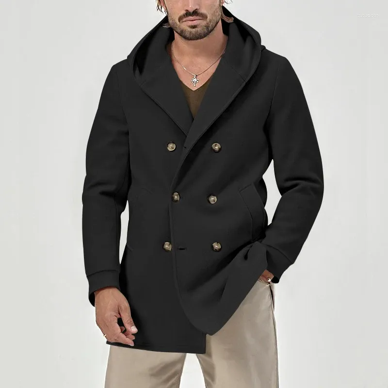 Männer Jacken Casual Solide Zweireiher Schlanke Männliche Mode Langarm Mäntel Männer Kleidung Winter Herbst Mit Kapuze Mid Windjacke