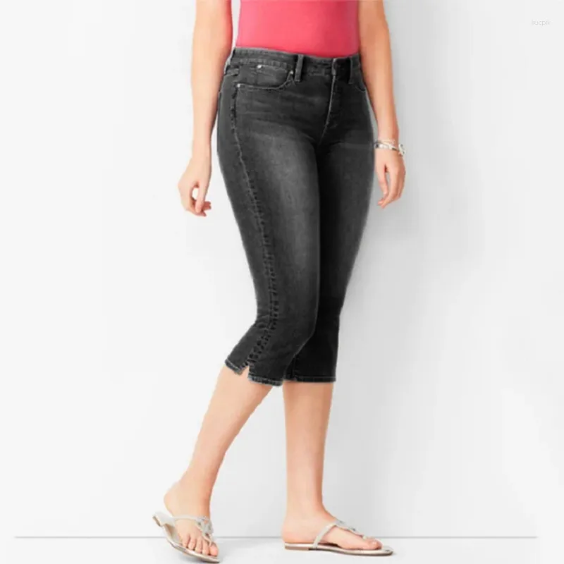 女子ジーンズの女性カジュアルカプリスブリーチ伸縮性のあるバミューダズデニムパンツサイドスプリットブラックホワイトカーフの長さのズボン