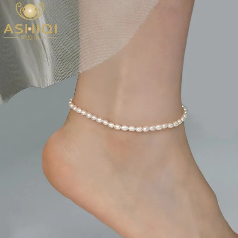 Anklets ASHIQI Natural Freshwater Pearl Anklet Lady Elasticity Chain Beach Foot Bracelet Fashion Jewelry for Women Trend 231211