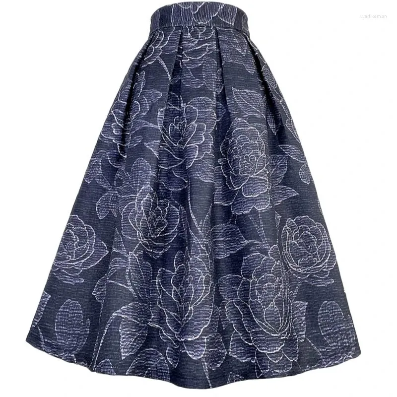 Skirts 2023 Autumn Winter Elegant Korean Woman Clothing Vintage Retro Black Rose Embossed High Waist Pleated Midi Skirt Evangelical