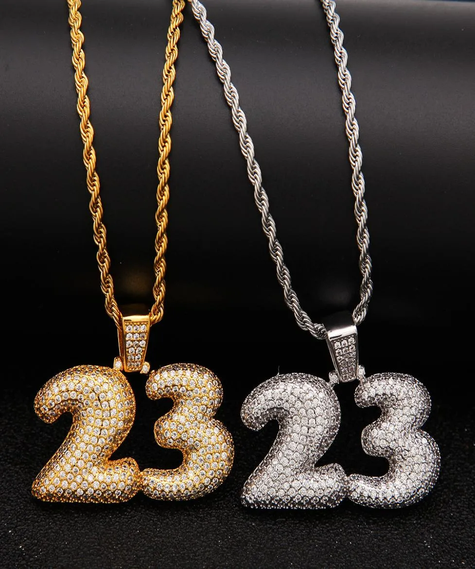 Men Custom bubble letter Number 23 Pendant Necklace Hip Hop Full Iced Out Cubic Zirconia gold sliver CZ Stone8326276