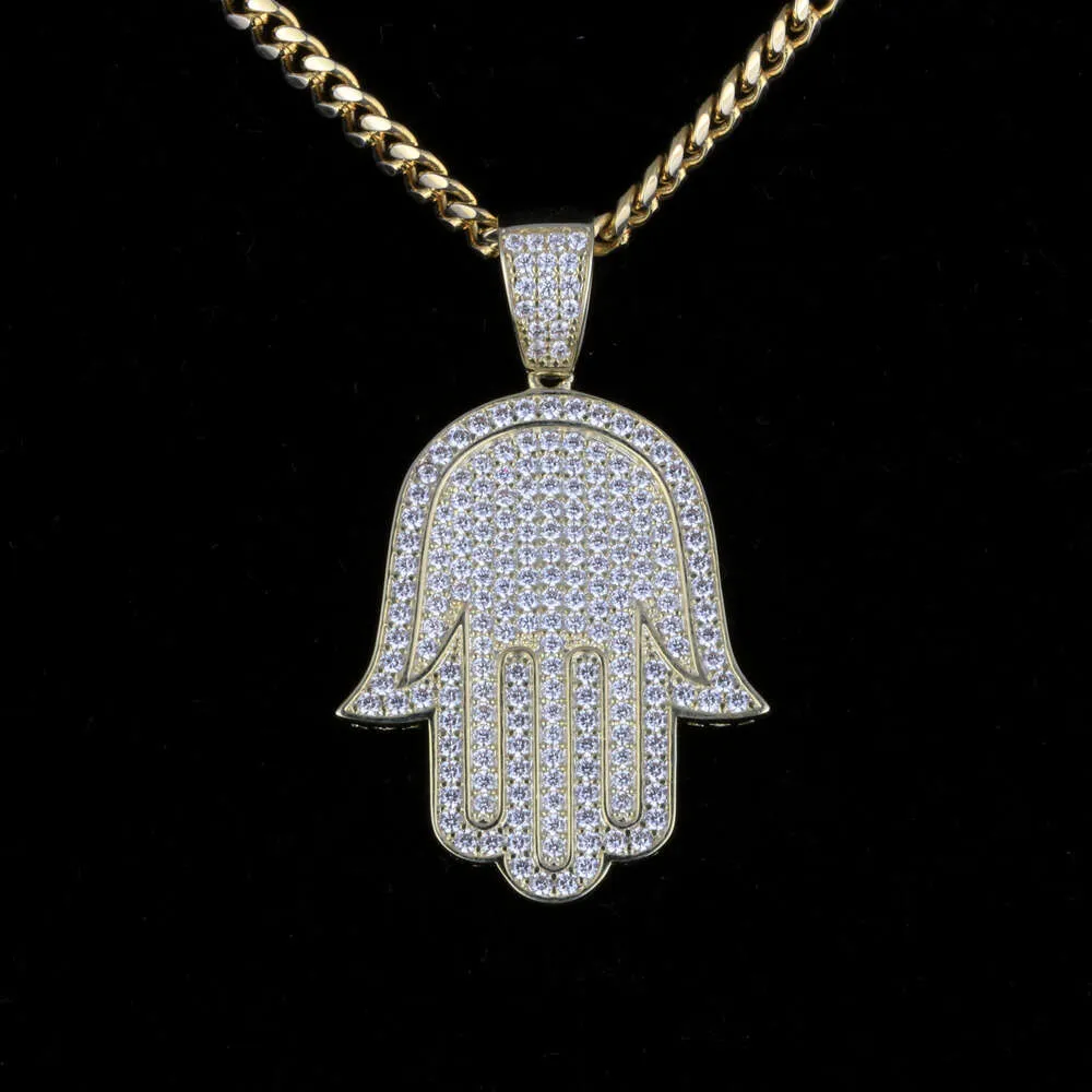 Hip Hop mode bijoux cuivre glacé Zircon plaqué or Fatima Hamsa main pendentif palmier collier