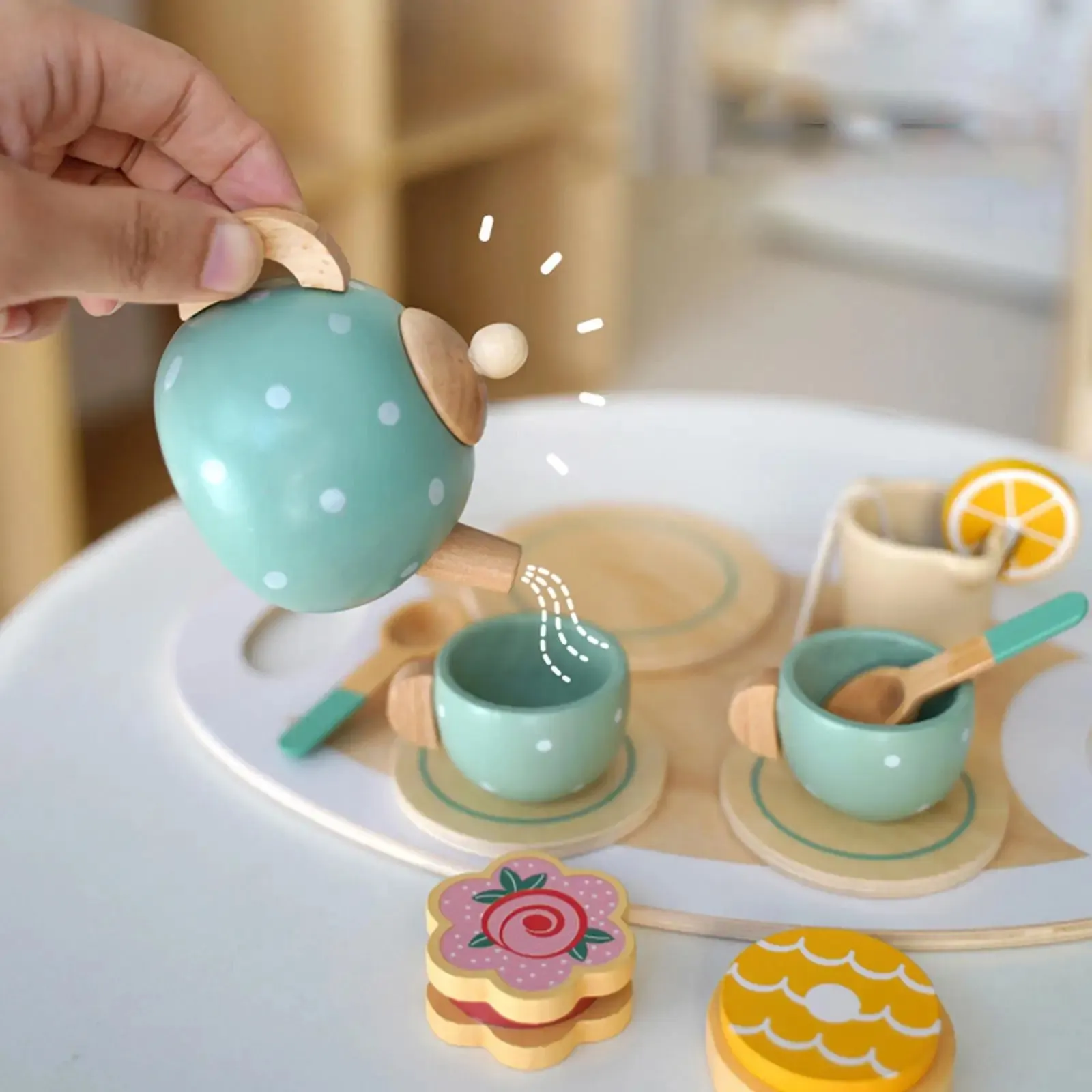 Mutfaklar Yemek Çayı Partisi Sofra Terimleri Ahşap Handikcraft Toy Mutfak Pretend Toddlers için Seti Çocuklar Doğum Günü Hediyesi Favors Oyuncaklar 231211