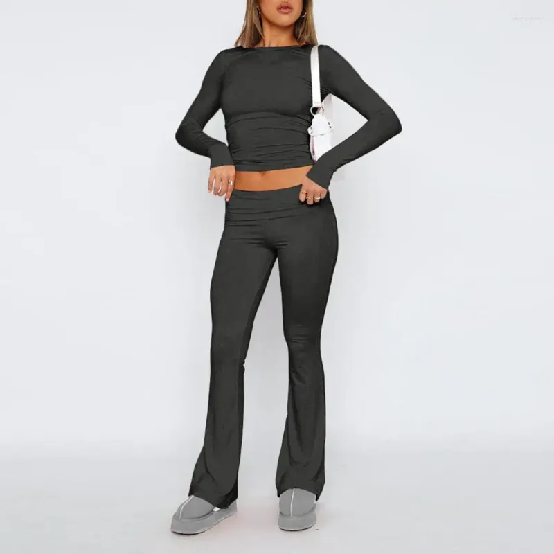 Damen Zweiteilige Hose Yoga Activewear Set Vintage Slim Fit Sportbekleidung mit Langarm-T-Shirt Hohe Taille Hose Elastisch Pilates