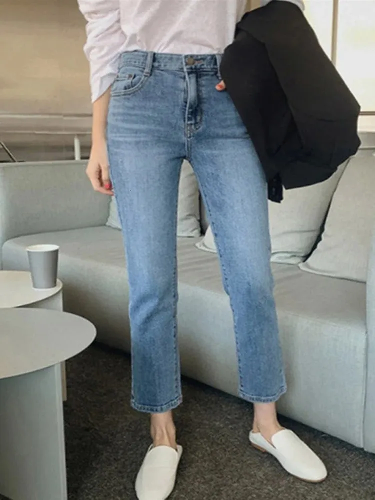 Mulheres jeans bolsos de cintura alta namorado mulheres estiramento azul senhoras denim calças de carga calças retas calças lavadas streetwear 231212