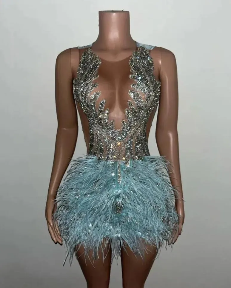 Robe de bal courte noire pour filles, diamant, bleu, perles, cristaux, robes de Cocktail d'anniversaire, plumes, Sexy, transparentes, faites à la main