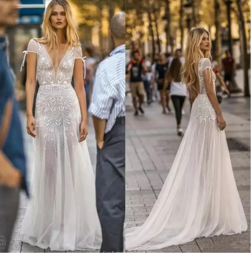Gali Karten 2019 Senaste bröllopsklänningar Cap Sleeve Illusion Kort ärm Lace Applique Bridal Gown Court Train Backless A-Line Wedding Dress