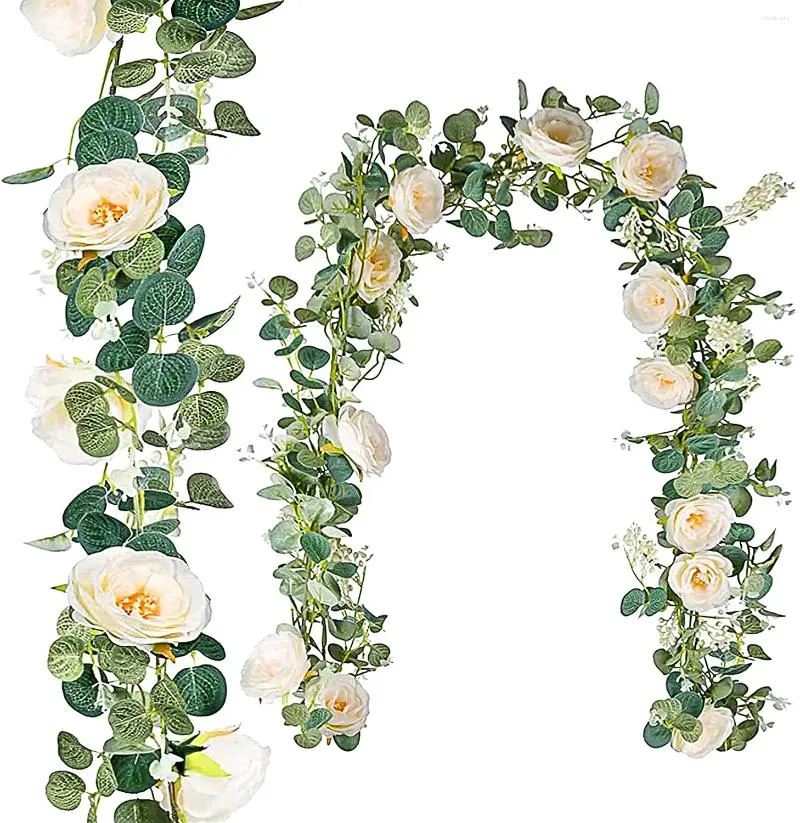 Guirlande de fleurs décoratives d'eucalyptus avec Roses blanches, fausses vignes florales vertes artificielles pour décor de Table de fête de mariage