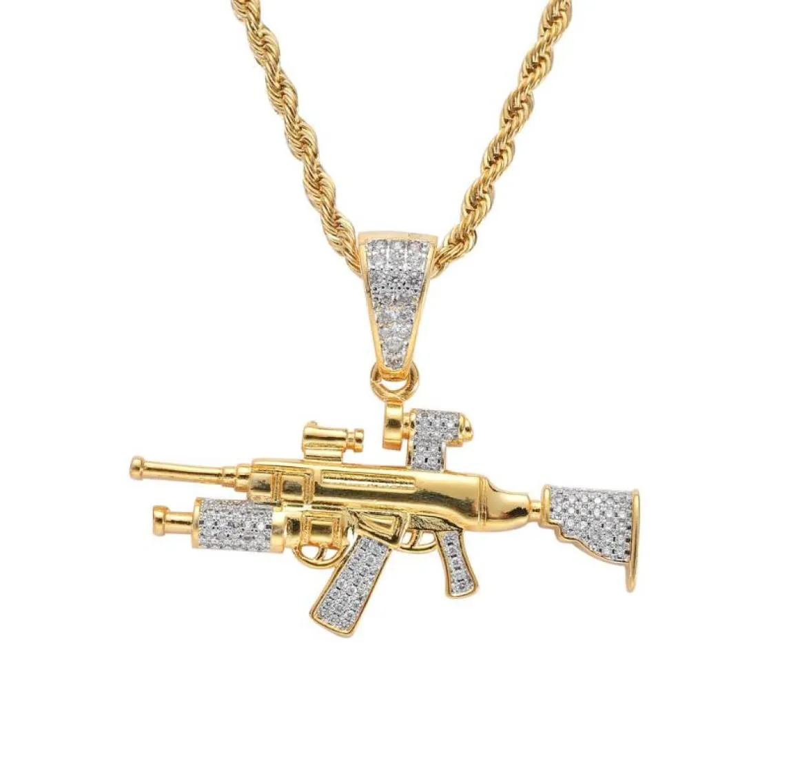 Iced Out Chain Gold Color Bling CZ Sniper Rifle Gun Pendant Necklace Hip Hop Jewelry with Stainless Steel Chain3507184