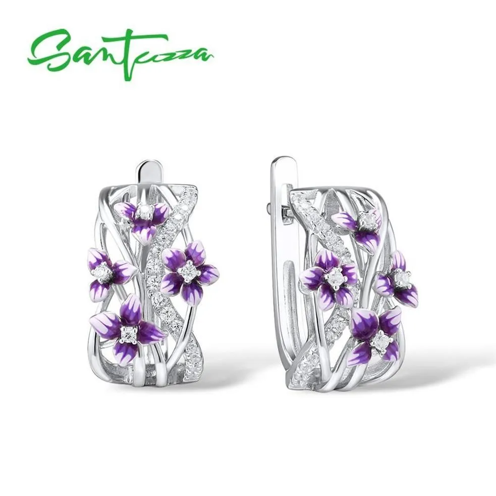 SANTUZZA Silver Earrings For Women Genuine 925 Sterling Silver Delicate Charming Purple Flower Fine Jewelry Handmade Enamel CX2006259e