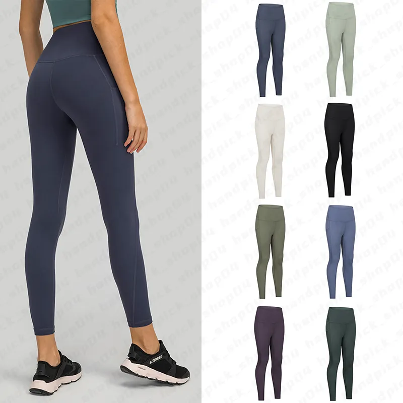 Lu Damen-Yogahose mit hoher Taille, Workout-Trainings-Leggings mit Taschen, hochelastische, weiche Sporthose, modische enge Hose, schmale Passform, formende Leggings, A-134