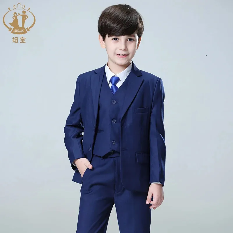 Suits Nimble Spring Autumn Formal Boy Suit Set Children Party Host Wedding Costume Wholesale Clothing Coat Pants Vest 3st Blue Blazer 231212