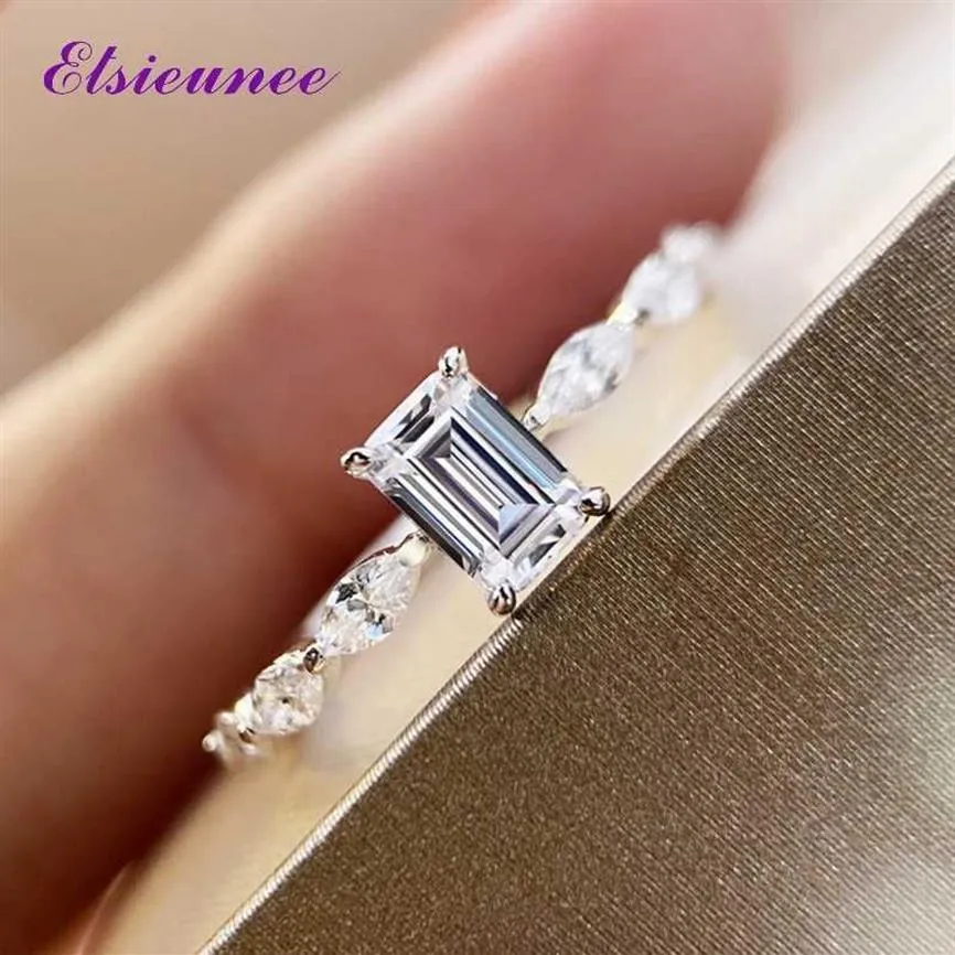 Elsieunee 100% 925 Sterling Emerald Cut Symulowany Moissanite Diamond Wedding Ring Fashion Fine Biżuter