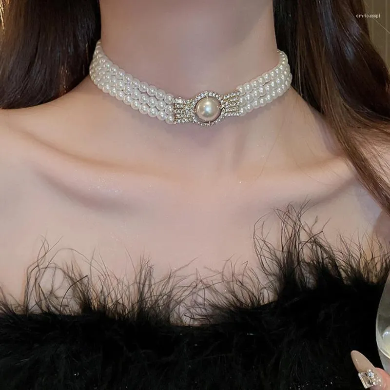 Choker Luxury Vintage Three-layer Baroque Pearl Gem Necklaces For Women Collar In Trend Jewelry Fashion Woman Shiny Crystal