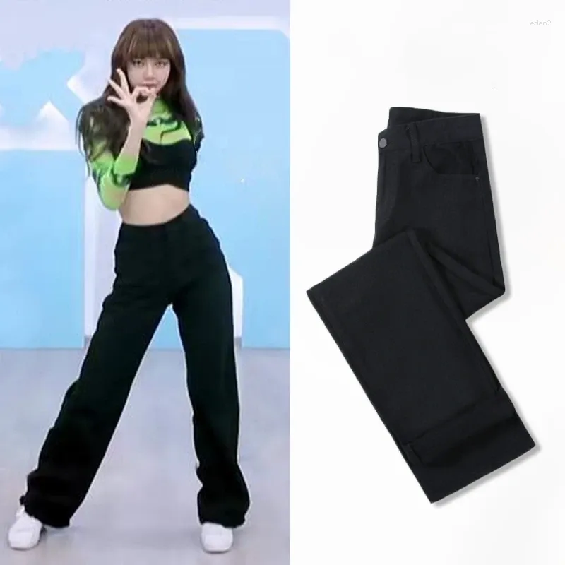 Jeans femininos kpop menina grupo 2023 cintura alta mulheres casual botão denim calças em linha reta perna larga solta rua verão calças largas