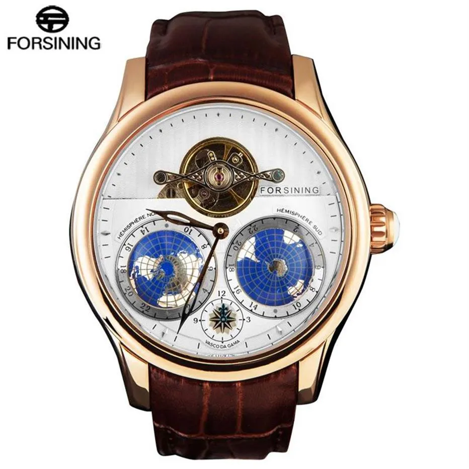 DHgate FORSINING Top Brand Business Mechanical Watches for Men 30M Waterproof Automatic Wrist Watch with 3D Earth Dial and Leather Band 3011 Watches