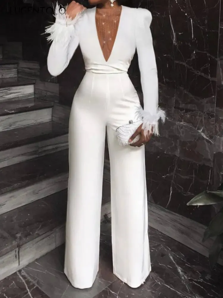 Frauen Jumpsuits Strampler Sexy Overall Perspektive Mesh Ausschnitt Rundhals Langarm Weiß Dame Elegante Quaste Frühling Dünne Kleidung 231212