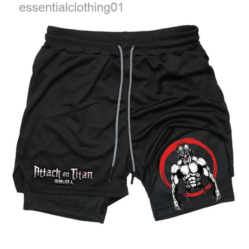 Mäns shorts 2-i-1 stretchkomprimeringshorts för män anime snabb torr atletiska gym shorts fitness träning löpning l231212