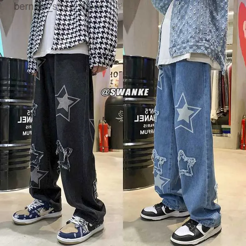 Heren Jeans Mode Casual Sterren Handdoek Borduren Baggy Heren Jeans Broek Y2k Kleding Rechte Hip Hop Katoenen Broek Pantn Homme Mannen Jean Q231213