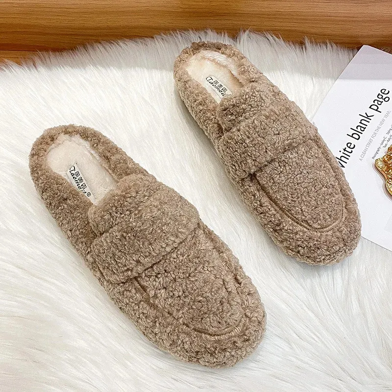 Slippers Winter Warm Plush Mules Women One Band Fur Slippers Cozy Cotton Shoes Woman Flats Cover Toe Fleeces Slides Femme Wool Pantuflas 231212